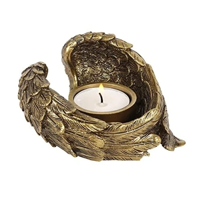 Image of Stunning Antique Gold Resin Angel Wing Tealight Candle Holder 5cm x 11cm (1 Pc.) Unique Heavenly Design, Durable Material Great Home &amp; Office Decor