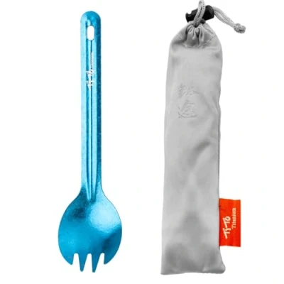 Image of TiTo Bright Colorful Titanium Spork for Outdoor Camping Light Weight Spoon Travel Home with Cloth Bag (Blue Spoon)