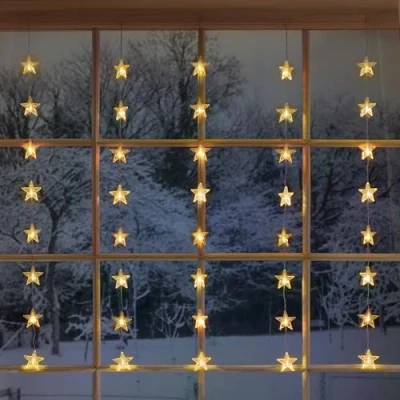Image of CHRISTOW Christmas Curtain Lights for Windows 1m x 1m, 40 Acrylic Warm White LED Star Pendants, Battery Operated with Timer, Indoor &amp; Outdoor, Home Garden Xmas Fairy String Lighting