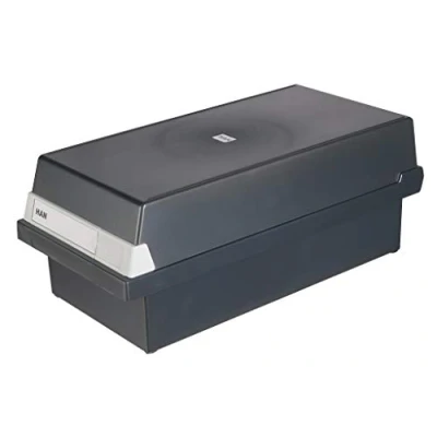 Image of HAN 956 13, Card filing box A6 landscape. Innovative, attractive design holds 1,300 cards, readjustable lid supplied with large inscription label, black