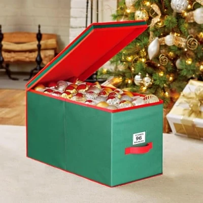 Image of ADEPTNA Premium Christmas tree Bauble Decoration Storage Box Xmas Holiday Decorations Ornament Case with Lid and Handle Space Saving Collapsible Design (96 BAUBLES STORES)