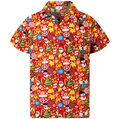 Image of King Kameha Men Christmas Santa Claus Office Party Short Sleeve Button Down Shirts, Allover, Red, 5XL