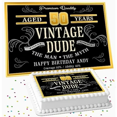 Image of VINTAGE DUDE GOLD BIRTHDAY PARTY PERSONALISED ICING EDIBLE COSTCO CAKE TOPPER R2 VG