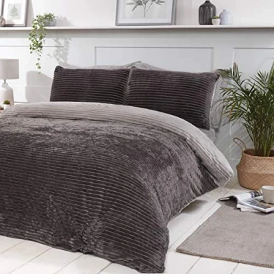 Image of Sleepdown Ribbed Fleece Bedding Set Grey Double