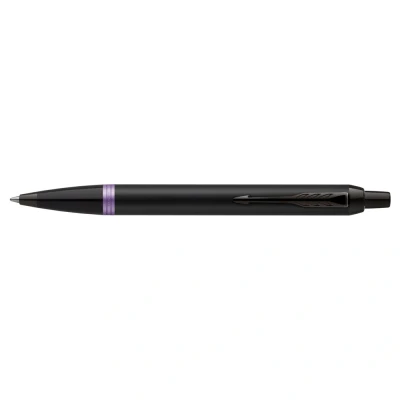 Image of Parker IM Vibrant Rings Ballpoint Pen Satin Black Lacquer with Amethyst Purple Accents Medium Point Blue Ink Refill Gift Box