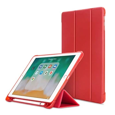 Image of MadeRy Case for iPad 2018 &amp; 2017 9.7&quot; / Pro Air 2 Air, Ultra Slim Soft TPU Back Cover with Pencil Holder and Trifold Stand, Auto Sleep/Wake, Red