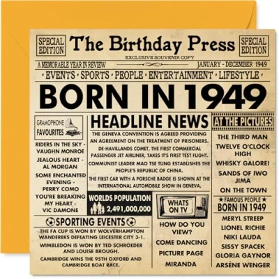 Image of 75th Birthday Cards for Men Women Born In 1949 Newspaper Happy 75 Card Grandad Grandma Nan Vintage Retro Back 1949, 145mm x Seventy Five Fifth Bday Greeting