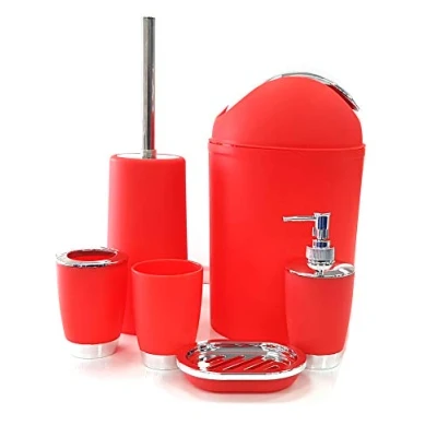 Image of BATHROOM SET 6 PIECE ACCESSORY BIN SOAP DISH DISPENSER TUMBLER TOOTHBRUSH HOLDER RED COLOR