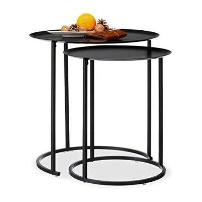 Image of Relaxdays Set of 2 Round Side Tables for the Living Room, Elevated Edge, Steel Frame, HxD: 50x50 cm, Anthracite