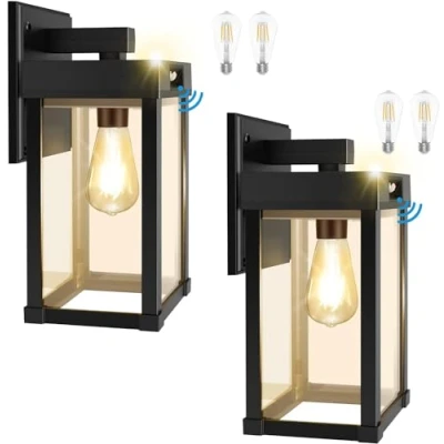 Image of Outdoor Wall Lights Solar Powered, COLBOR 2 PCS Motion Sensor with Bulb 3 Modes IP65 Waterproof Dusk to Dawn Porch for Garage Garden Yard Patio, Lantern