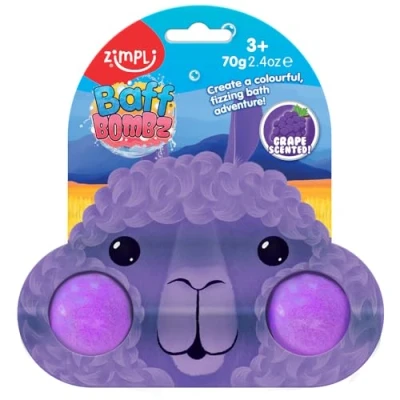 Image of Zimpli Kids 2 x Cute Llama Bath Bombs on Gift Card, Grape Scented Fizzers for Children, Ideal Pocket Money Gift, Birthday Party Bag Fillers, Favours, Moisturising Dry Skin, Toys