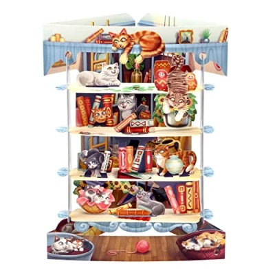 Image of SANTORO Swing Card, 3D Pop Up Greeting Card Cats In The Library For Her, Mum, Book &amp; Cat Lover, Birthday, Mothers Day