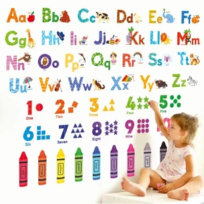 Image of DECOWALL DS 8044 Learning Alphabet Numbers Color Wall Stickers abc Animal Educational Decals for Kids Bedroom Nursery Living Room Art Home décor letters classroom playroom decorations crafts vinyl