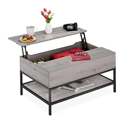 Image of Relaxdays Coffee Table, with Lift Top, Living Room Storage Space, Wooden Look, HxWxD: 45.5 x 90 60 cm, Grey/Black, Fibreboard, 58 86.5 cm