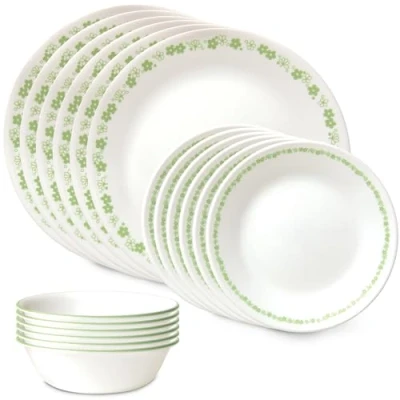 Image of Corelle Vitrelle 18 Piece Glass Dinnerware Sets, Service for 6, Triple Layer Chip &amp; Crack Resistant Plate and Bowl Spring Blossom Green