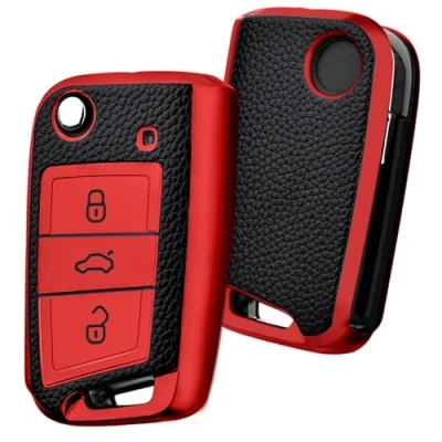 Image of OATSBASF Car Key Cover for VW Golf 7 Box/Key Case VW, Polo, Skoda, Seat, 3 Buttons Q Red Leather