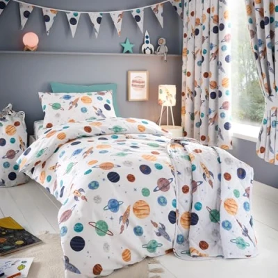 Image of Happy Linen Company Girls Boys Kids Cosmic Planets White Single Reversible Soft Easy Care Bed Duvet Cover Quilt Bedding Set With Pillow Case