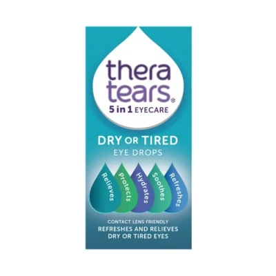 Image of TheraTears Dry or Tired Eye Drops Refreshes, Hydrates, Protects and Relieves Eyes Contact Lens Friendly 5 in 1 Care 10ml