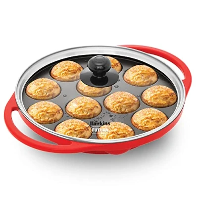 Image of HAWKINS Futura Pan NAPE26G Appe, Non Stick Glass Lid, Paniyarakkal Ceramic, Litti, Kuzhi Paniyaram, Ponganalu Pan, 26 cm, Red