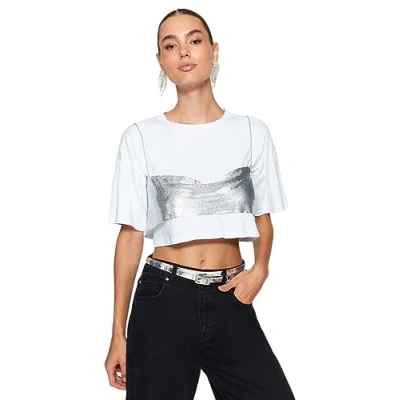 Image of Trendyol Women Fitted Basic Square Collar Woven Blouse,Silver,S/M