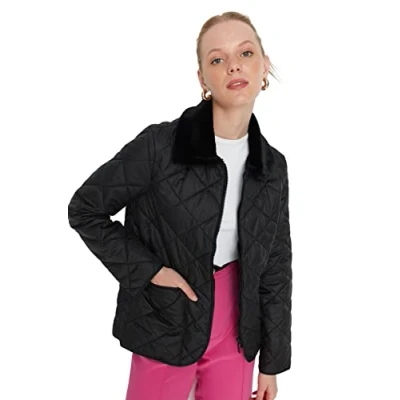 Image of Trendyol Women Regular Puffer Shirt Collar Woven Jacket Black