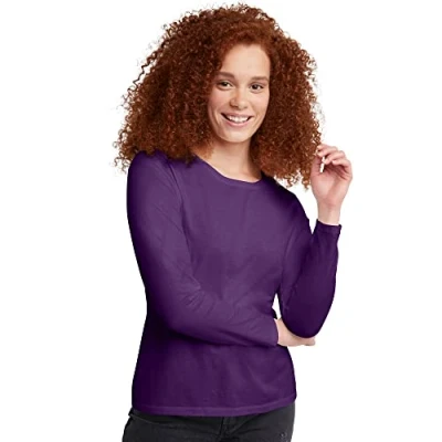 Image of Hanes Women&#039;s Long Sleeve Cotton T Shirt, Lightweight Crewneck Tee, Modern Fit, Violet Splendor, XXL