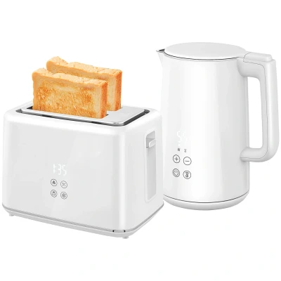 Image of HOMCOM Kettle and Toaster Set, 1.5L 3000W Fast Boil with Insulation &amp; 2 Slice Kitchen Set 7 Level Browning Controls, Defrost, Reheat Crumb Tray, Cream White