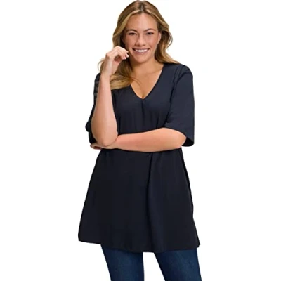 Image of Ulla Popken Women&#039;s Basic V Shirt T, Navy, 24 26