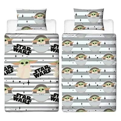 Image of CnA Stores Star Wars Mandalorian Baby Yoda Grogu Single Duvet Cover Bedding set Reversible, Grey, White, Black Green