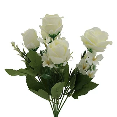 Image of Artificial Cream Rose Silk Flower Bunch (7 stem) for Wedding Valentines Memorial Graveside