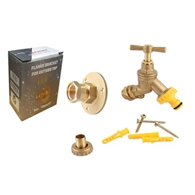 Image of Outside 1/2 Double Check Garden Tap with Through The Wall Flange Bracket Set for 15mm Copper Or Plastic Pipe