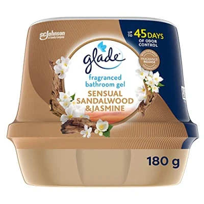 Image of Glade Fragranced Bathroom Gel, Air Freshener &amp; Discreet Odour Eliminator, Sensual Sandalwood and Jasmine, 180g