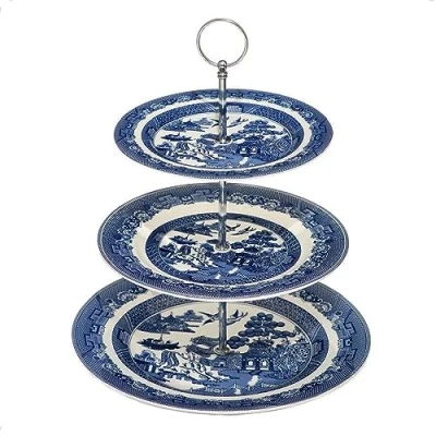 Image of UNIQUE HOME LIVING Blue Willow 3 Tier Cake Stand Dessert Display Vintage Birds Oriental