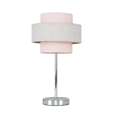 Image of MiniSun Modern Polished Chrome Touch Bedside Table with a Pink &amp; Grey Herringbone Shade