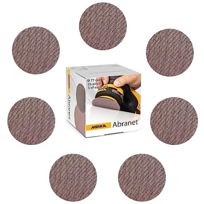 Image of Mirka Abranet net sanding discs Ø 77 mm Grip / Mix Pack 5 pcs of each grit size 80, 120, 180, 240, 320, 400, 600 35 For all excentric sanders and grinding machines.