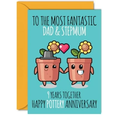 Image of Cute Pottery Anniversary Card for Dad &amp; Step Mum 9 Years Together Happy 9th Wedding Cards Dad, A5 Greeting Ninth Anniversaries