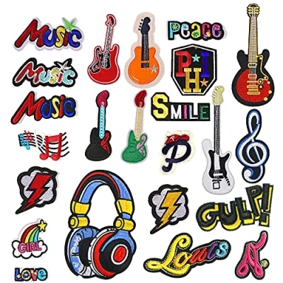 Image of Woohome 23 PCS Music Style Patches Stickers, Guitar Note Earphone Iron on Sew for Clothes Dress Pants Hats Jeans, Sewing Flowers Applique DIY Accessory