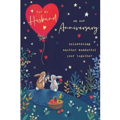 Image of Paperlink Male Artistic &#039;Happy Anniversary Card Rabbits Having a Picnic For Him Gold Foil Finish