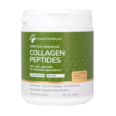 Image of Collagen Powder Bovine Peptides, Type I &amp; III, 100% Pure Hydrolysed Gold Standard, with 18 Amino Acids, Supplement by General Healthcare 20g / 20,000mg (Unflavoured)(300g)