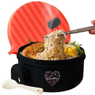 Image of Microwave Noodle Bowl with Lid,Ramen Bowl,Porridge Bowl,Microwave Vented Lid, Soup Mug Lid,Microwavable Container, Bowl, Breakfast Pot chopstick &amp; fork ,1200ml. BPA Free.