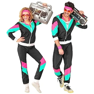 Image of WIDMANN 10169 Adult Costume 80s Tracksuit, Black/Turquoise/Pink, XXXL