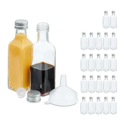 Image of Relaxdays Small, Set of 24, 50 ml, Glass Filling, Screw Cap &amp; Cork, Mini Bottles, Transparent/Silver, Stainless steel, 14 x 4 cm