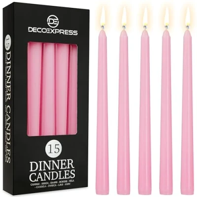 Image of DECO EXPRESS Candles Set Classic Dripless Tapered Metallic Unscented 8H Burning Time, Decorative Dinner for Restaurant Home Christmas (Baby Pink, 15 Pack)