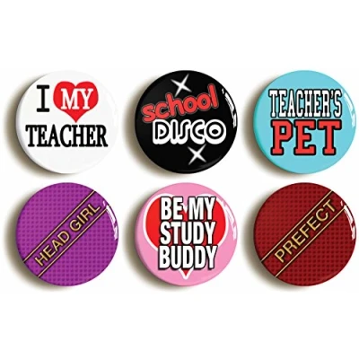 Image of 6 x&quot;SCHOOL DISCO&quot; SCHOOLGIRL FANCY DRESS PARTY BADGES BUTTONS PINS (1inch/25mm diameter)