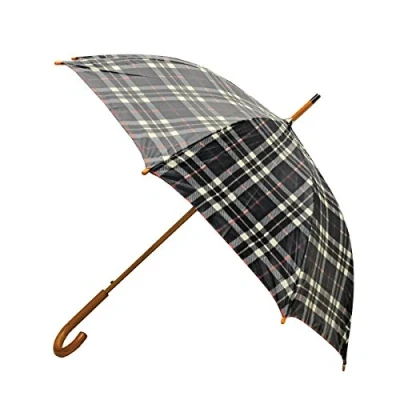Image of Rainbrella Classic Auto Open Umbrella with Real Wooden Hook Handle, Black Plaid, 46&quot;