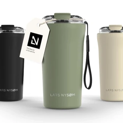 Image of LARS NYSØM Thermo Coffee Mug to Go with Strap 17oz Travel 0.5 Liter Insulation Leak Proof Stainless Steel Thermal Tumbler for and Tea (Sage Green, 500ml)