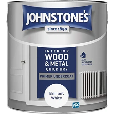 Image of Johnstone&#039;s Quick Dry Gloss Primer Undercoat Brilliant White Water Based Interior Wood &amp; Metal Fast Drying Low Odour in 1 2 Hours 13m2 Coverage per Litre 2.5 L
