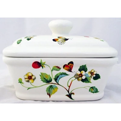Image of Strawberries &amp; Butterflies Butter Dish Fine Bone China Lidded Container Hand Decorated in UK