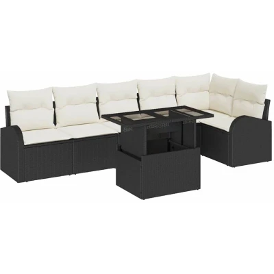 Image of vidaXL 7 Piece Garden Sofa Set with Cushions Black Poly Rattan