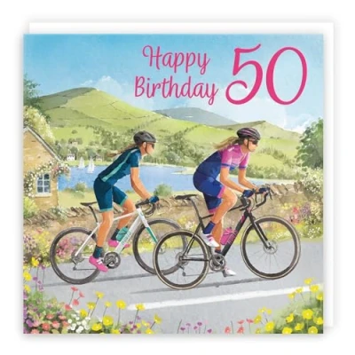 Image of Hunts England Cycling Fun 50th Birthday Card Milo&#039;s Gallery Age 50 Cyclist Female For Year Old Bike Fan Fifty Her